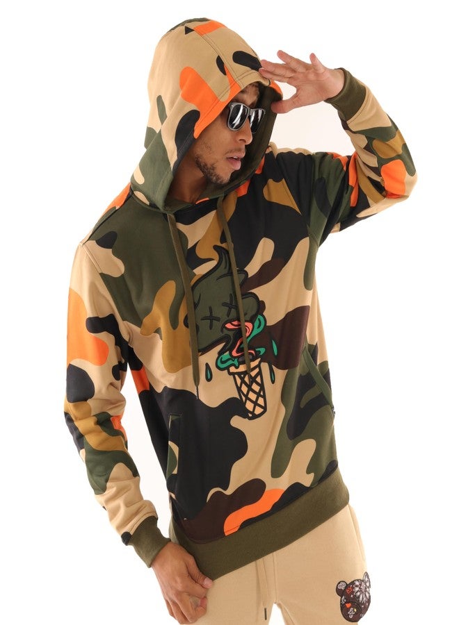 SCREENSHOT-H11076 Mens Urban Hip Hop Fleece Pullover Hoodie - Ice Cone Camo Cartoon Animation Hooded Streetwear Sweatshirt-Olive-Medium - Image 1